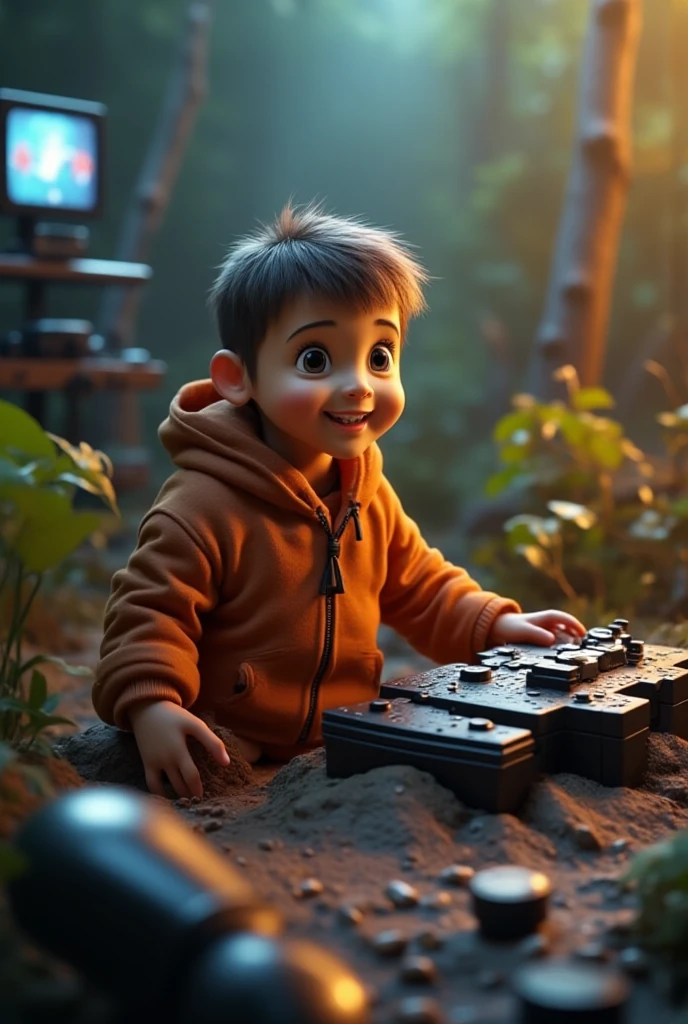 Black haired boy sitting on the floor on a rug playing video games with a chimpanzee, next to the boy a bucket of popcorn with a turtle inside eating popcorn and the mouse on top of the turtle looking at the TV, next to the chimpanzee is a bucket of popcorn with a banana inside, behind the boy a wolf lying down, next to it a lion lying down and next to it a tyrannosaurus lying down, above the boy's head a frog with its tongue sticking out at the TV.