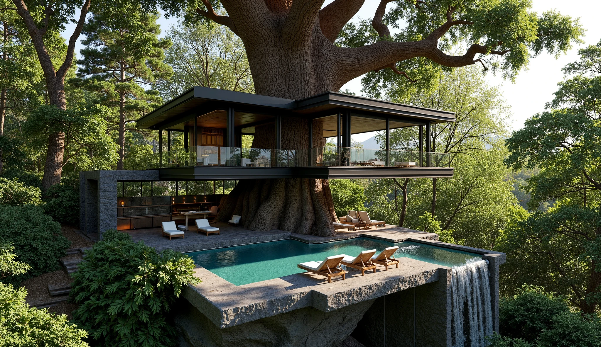 (Treehouse on a giant redwood:1.5),(Modern 3-storey mansion standing on a giant tree:1.5)、There is a luxurious pool、A waterfall cascades down from natural bedrock