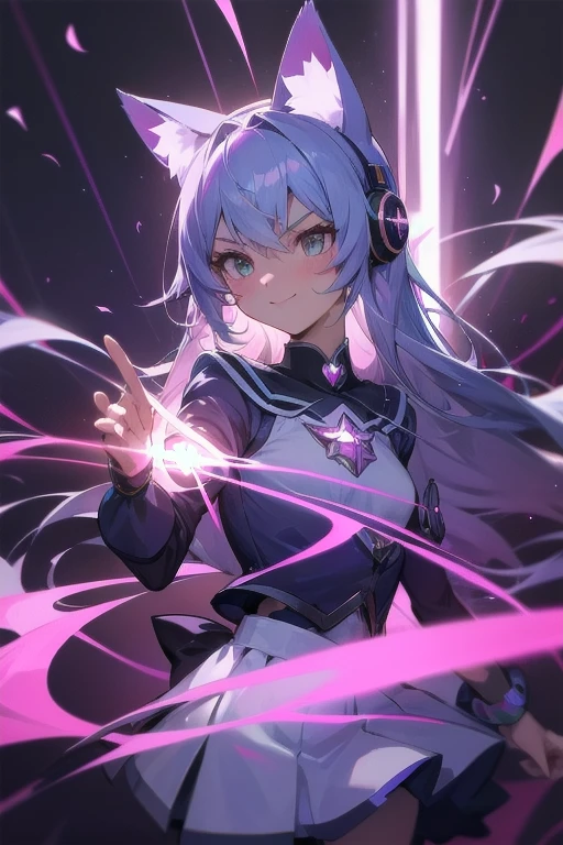 (fine, sharp images, super resolution, extremely amazing detail, awesome detail), subsurface scattering, masterpiece, best quality, high quality, 1girl, solo, upper body, (one hand at the side and the other hand on the waist), prism eyes, prism hair, prism, serious, [silver | white] + (blue: -0.3) hair, blue + red eyes, gradient eyes, multicolored eyes, calm, small breasts, shirt, gloves with optimal proportions of four fingers and one thumb, glow, Glowing eyes, glowing white particles, glitter, bloom, fantasy, cave,