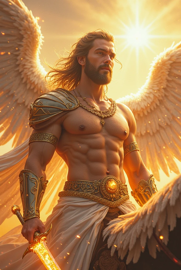 He is an Archangel. He has very long auburn hair that reaches the middle of his back, adorned with a few braids and decorated with feathers. He is extremely tall with a beard and dark brown eyes. He is known as a gentle giant. He is wearing panties and bra.