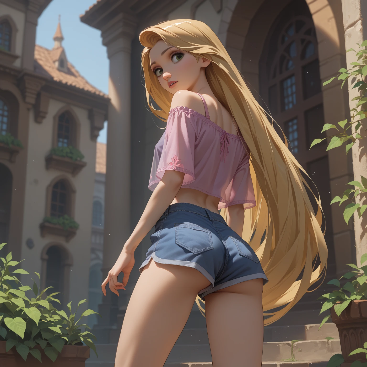 Girl with long curly blonde hair, cintura fina, quadril largo, middlebreasts