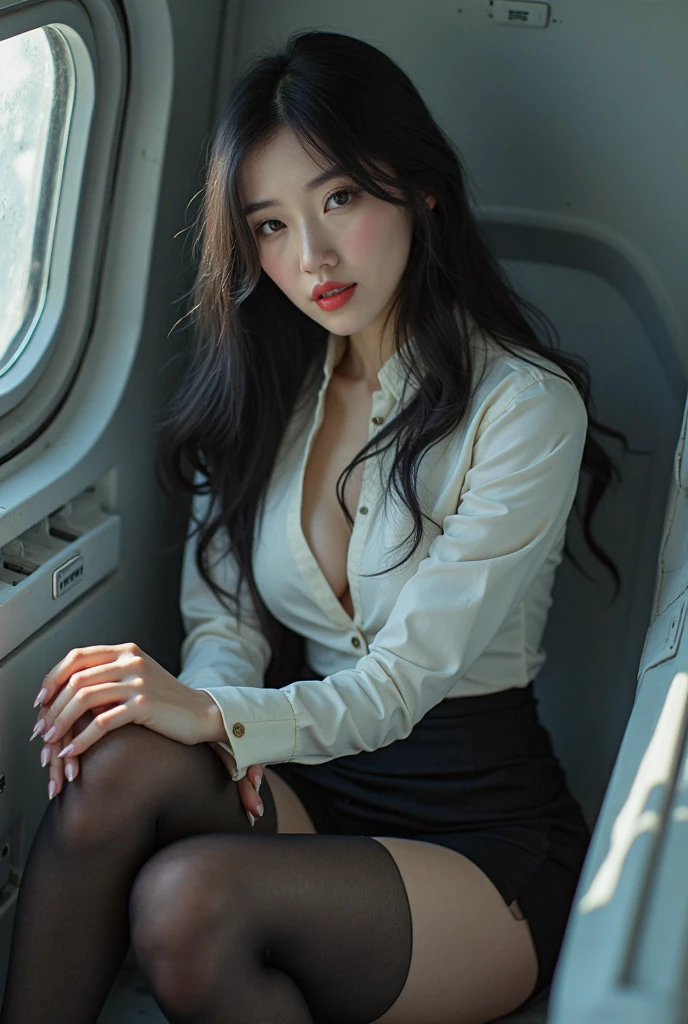 Top quantity, masterpiece, 8K, Ultra HD, (Realistically: 1.4), 1 girl, Beautiful face, Symmetrical eyes, Large, Perfect body proportions, (Airline stewardess), Audience expressions, (Aircraft interior: 1.2), Front view, Absolute area ,