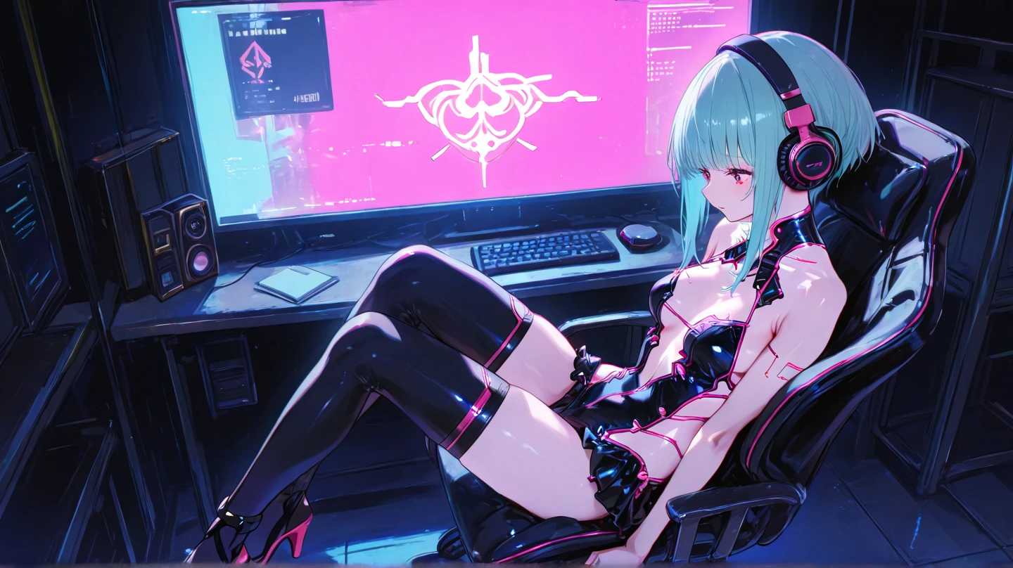 there is a woman that is laying down on a bed, she is facing the ceiling, she is wearing a miniskirt, Guviz-style artwork, style of anime4 K, Ross Tran 8 K, Digital cyberpunk anime art, Guweiz in Pixiv ArtStation, Guweiz on ArtStation Pixiv, e - girl, E-Girl, cyberpunk anime girl, Fanart Meilleure ArtStation，lean legs，blacksilk