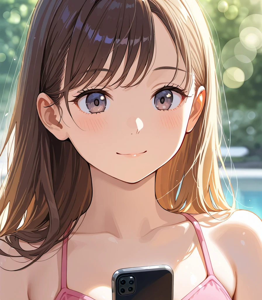 Realistic, single girl selfie, wearing bikini, big breasts, smiling face