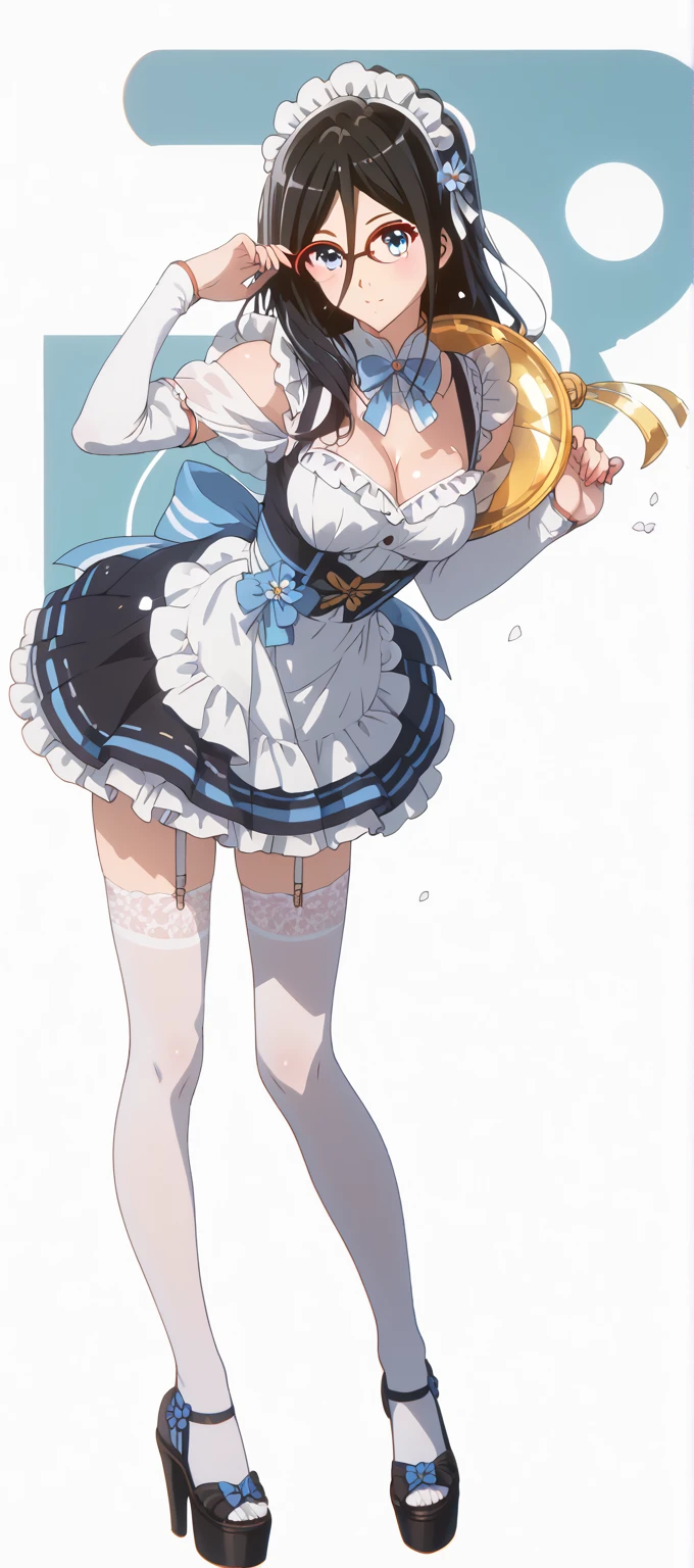 Beautiful girl in maid、whole body、(Top quality illustrations:1.2), (pretty girl:1.1), (1 girl、17 years old、Top quality illustrations:1.2), (1 girl、smile、Beautiful breasts、Highly detailed eyes:1.2)、Bright blue hair、Short Bob Hair、(Black and white maid costume、White knee-high socks) 、White background、Simple Background