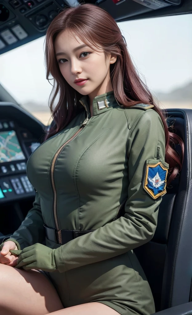 Exposed nipples、Air Force Pilot、airplane on the runway、dark green flight suit、Close the zipper of the pilot suit、High exposure、Photorealistic images of solo idols, Morning Musume inspired by Eri Kamei, Radiates charm and beauty with plenty of bust and subtle exposure of cleavage. The image is、Must reflect a real person of the highest quality, Powered by Ultra-HD (16 K) resolution, crisp detail, Vivid colors, Dynamic Range, Soft bokeh, Fine texture, Realistic realism, Pin Sharp Focus. Lighting is、The camera setup is、Nikon D850 and NIKKOR Z 58mm Boobs Boobs Boobs Boobs F。/0.95 S Noct lens,  The setting must be ISO 64, F/0.95, Shutter speed is 1/60. --ar 16:9 - V5.1 --Style raw --Q 2 --S 750