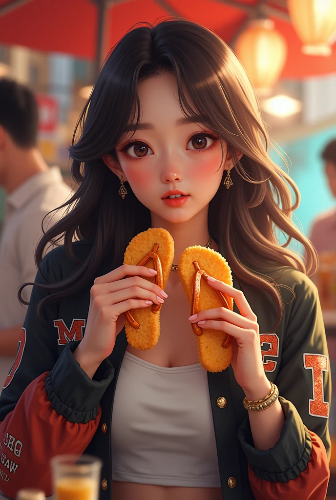 street-style photo of a woman, black hair (pony tail), shot in sony at 7RIII, sunlight on her face, peel of a banana & eat, 8k