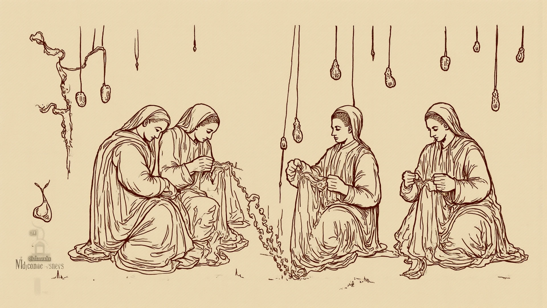 Act like the Three Fates of Greek mythology, known as Clotho, Lachesis and Atropos, three sad old women, weaving a golden thread, the woman on the left cuts the thread with scissors in her hand, the woman on the right with a ball of spinners weaving the wires, masterpiece, anatomically correct, award-winning, best quality, high resolution
