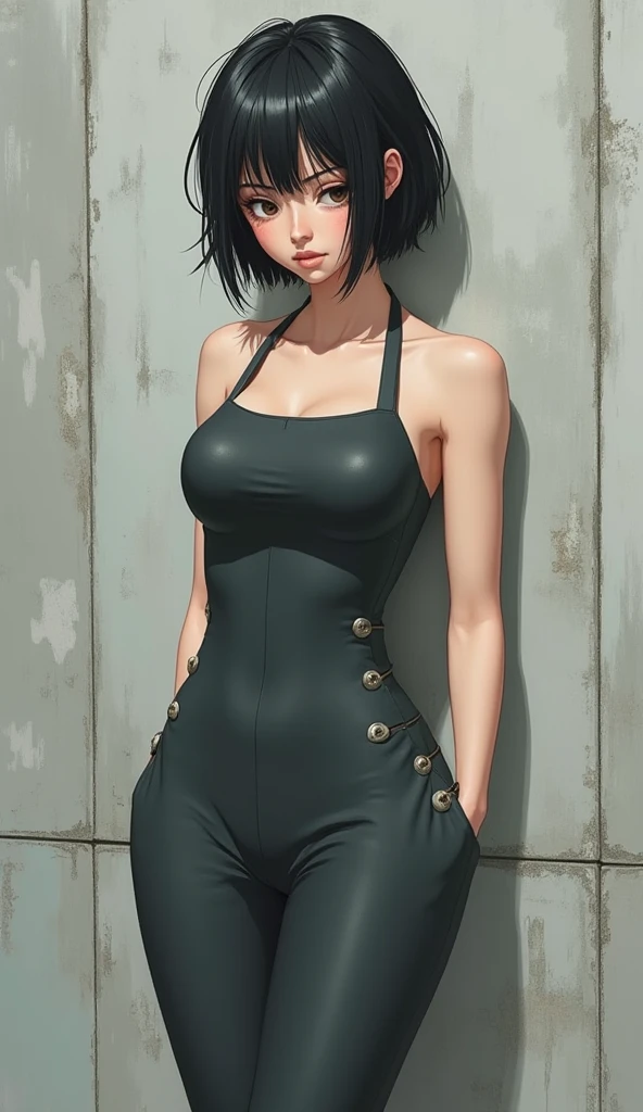 A simple woman with black hair, white with green eyes. She's sad in a city of night, she is wearing simple modern clothes
