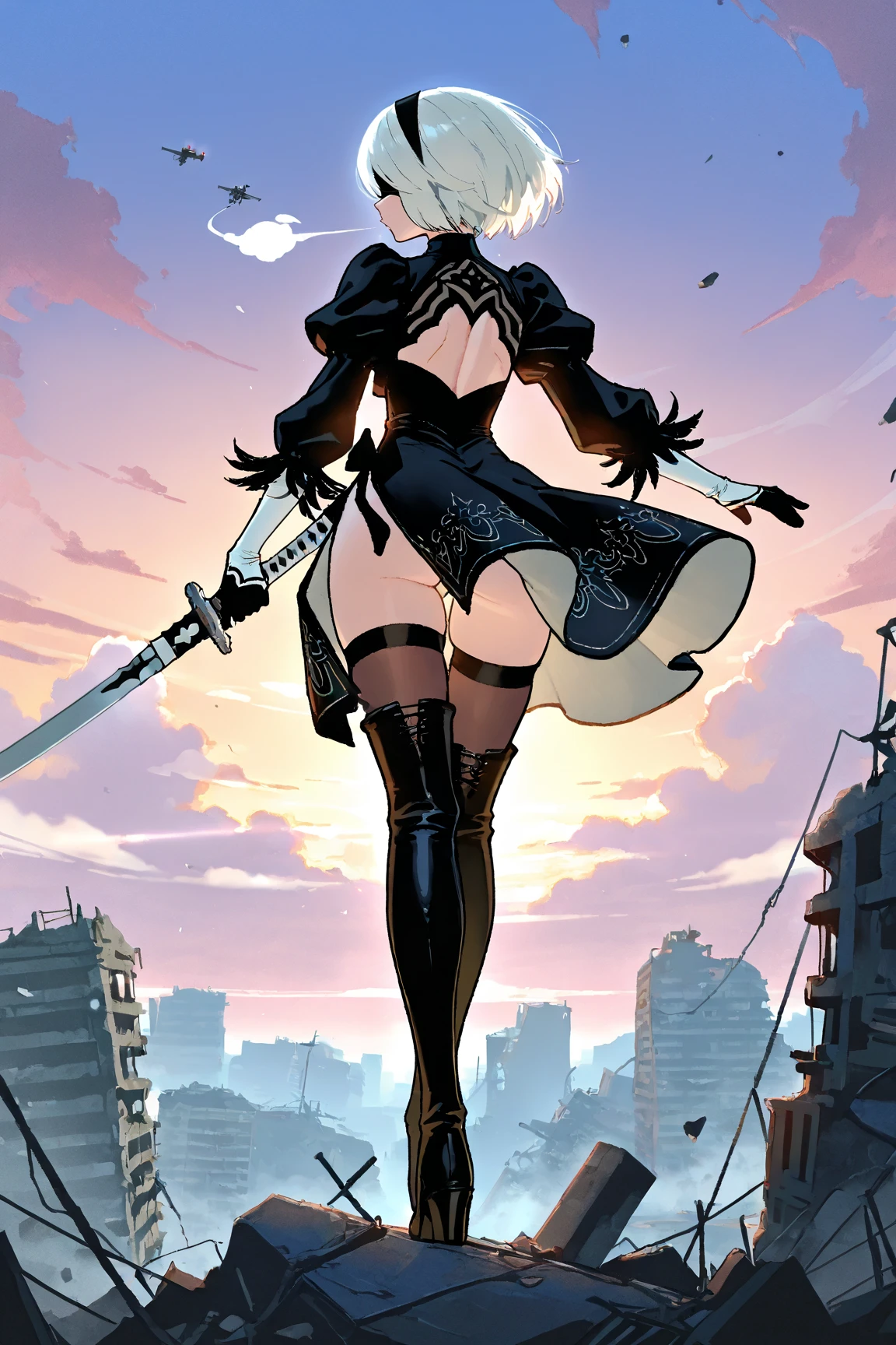 , (heavy lines), (intricate: 0.7), (bright skin: 1.3), (eyelashes: 0.5), beautiful and clear scenery, masterpiece, best quality,blackdahlia, mask, weapon, hat, hat feather, black dress, side slit, cape,movement, dynamic, combat