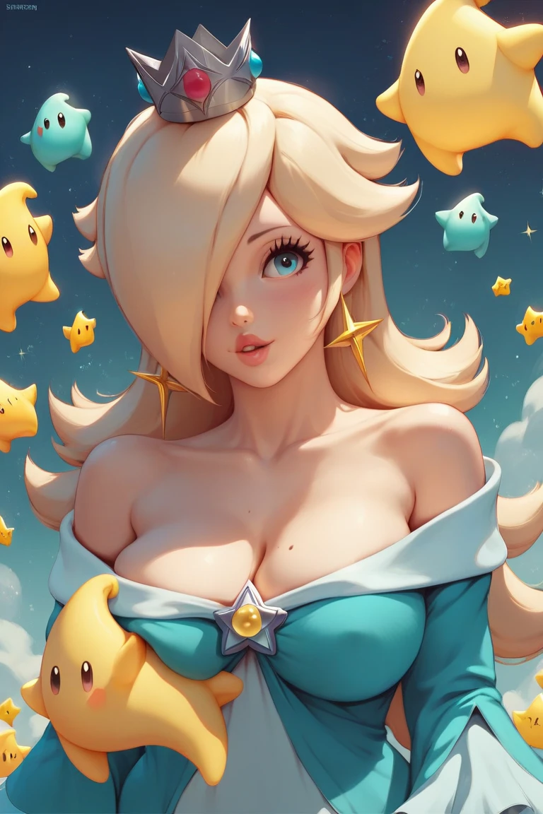 ((masterpiece)), ((best quality)), (detailed), perfect, solo, Rosalina, gorgeous girl, luscious lips, blonde hair, making cookies, Luma
