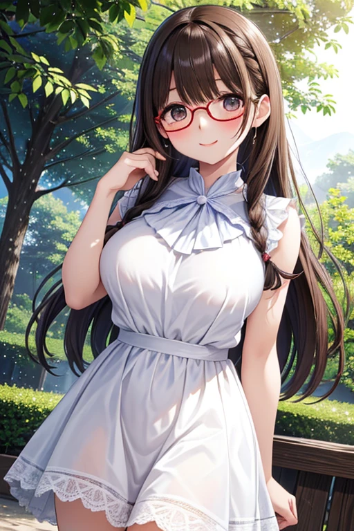 High resolution, high quality, 1 girl, anime girl, brown long hair, brown eyes,heart-shaped pupil, green glasses, tanned skin, big breasts,beautiful breasts, (big ass),beautiful butt,Aqua Cardigan,green dirndl skirt,walk,[[[Pregnant]]],in the flower field,confetti,
