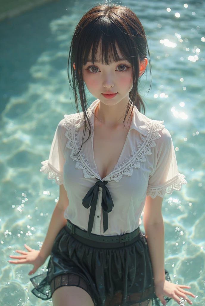 A beauty, short skirt, bandeau, wet, JK