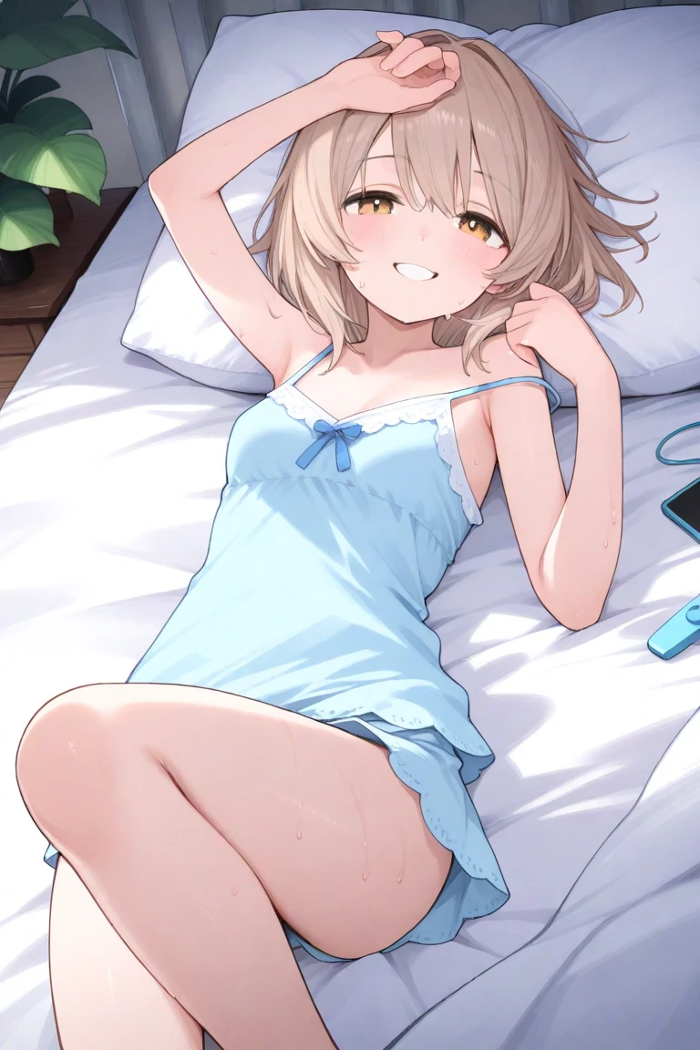 score_9, score_8_up, score_7_up, best quality, masterpiece, source_anime BREAK
yukimura aoi, 1girl, solo, green eyes, armpits, hair ornament, open mouth, sitting, hairclip, smile, pillow, looking at viewer, indoors, blush, arms up, on bed, small breasts, yellow dress, :d, collarbone, eyebrows visible through hair, seiza, short hair, sleeveless dress, grey hair, bare shoulders, bare arms, bed sheet, arms behind head, hair between eyes, adjusting hair, dutch angle, full body, silver hair, bedroom, tying hair, bare legs, hands in hair, kneeling, nightgown, spaghetti strap, barefoot, underwear, sundress <lora:yukimura_aoi_sdxl_locon_pony_v1:0.7>