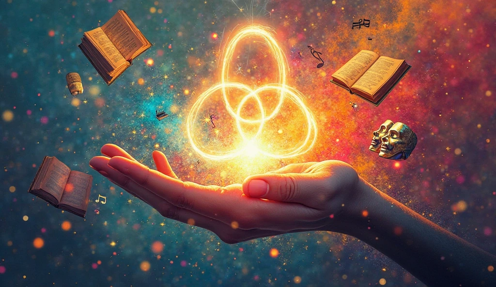 two hands opening a large book and from inside comes a light with beautiful treasures