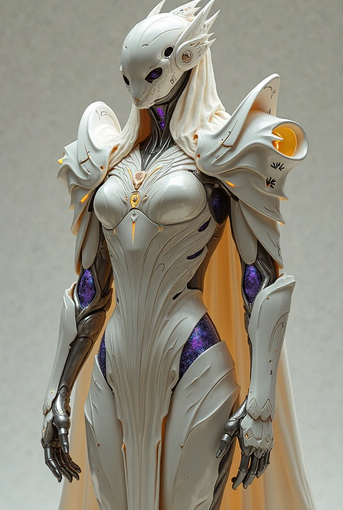 Cartoon photo of woman in beautiful white costume、Hot insect humanoid female、Guyver Style、Full Face Mask Cell Shade Adult Animation、Alien Queen、