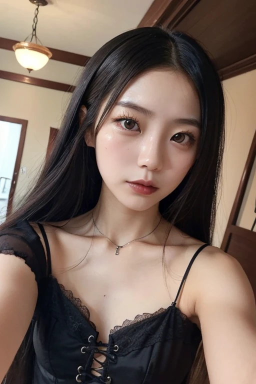 one girls:1.5、Cute 、14age、parfect anatomy、Red Eye Shadow、red lipsticks、slightly pink cheeks、de pele branca、Black Dress、Eight-headed body、small tits、Unique hairstyle、a choker、top-quality、ultra-detailliert、High quality detailing、portlate、masuter piece