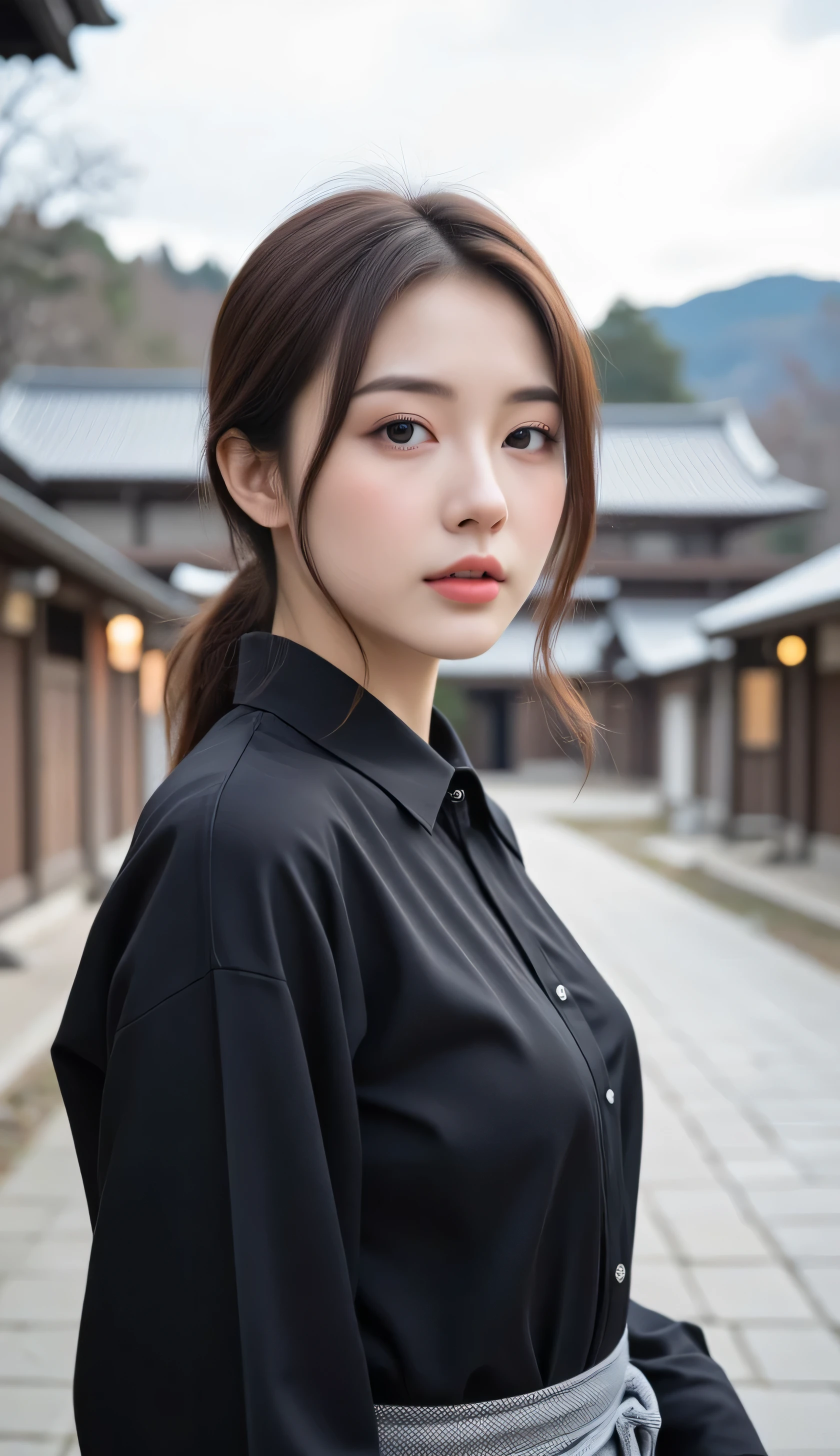 Japanese Beauty　28 years old　Daytime　winter　Standing alone at Kiyomizu-dera Temple in Kyoto　E cup bust　Shirt 　 Beautiful Bust Line 　 Beautiful Body Lines　 real people 　 elegant face　 Elegant Face 　 staring at me 