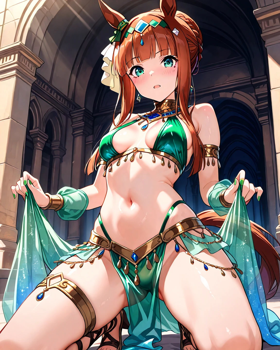 ((highest quality)), ((masterpiece)), (detailed), Belly Dancer ,jewelry, Dancing, Arabian clothing, Colorful clothes, turbaned/head band, Kousaka honoka, Curved body, Raise the hand,Plump, Thighs, (Exposed), sweating ,Sweaty、beautiful girl、Big Breasts