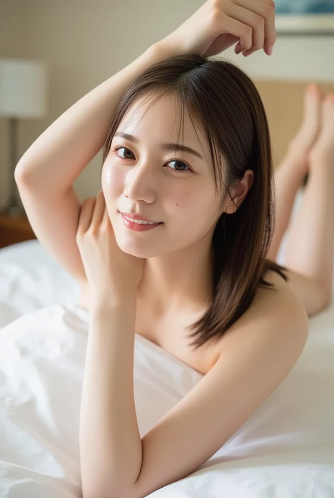 masterpiece, highest quality, 8K, 15 years old , RAW photo, award-winning portraits, alone, noon, idol face,whole body,violaces, delicate girl, whole body, Completely naked、Digital single-lens reflex camera, looking at the viewer, shy smile、shame、flushed cheeks、thin arms, small breasts, nipple, small ass、thin waist、Frank, Sophisticated, like々New, thin arms, professional lighting, film grain, black eyes,chromatic aberration, (detailed eyes and face:1.0), (Bokeh:1.1),(hyper pretty face:1.2),(nipples:1.3),(beauty new face:1.2),(butt:1.3),above the knee, (lie on your face in the bed:1.3),angle from the side, looking at the viewer