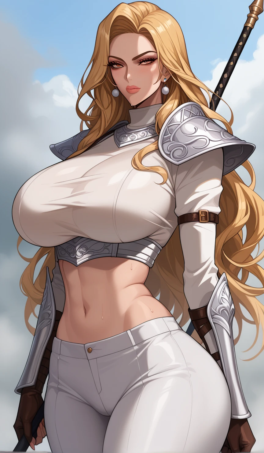 Very beautiful woman、Slender women、(Detailed face)、Realistic Skin、((Holy Knight)), ((Armor made of platinum))、((((Extremely detailed and intricately decorated armour:1.1))))、((Delicate photo)),(Girl Astepeace RAW Photo Details:1.25), (Highest quality:1.6), (Ultra-high resolution:1.5), (Realistic:1.75), 8K resolution, Canon EOS R5, 50mm, Absurd, Super detailed,Cinema Lighting,((Fightfield))、((Fight))、(((White embellished micro skirt)))、Lace patterned high leg panties:1.2,Thigh-high socks、Shingard、((blonde))、((Curly Hair))、((Drill Hair))、((Wavy long hair,))、Cape、Beautiful Armor、(((Has a huge weapon)))、(In combat)、The wind is blowing、((Symmetrical armor))、((((Blizzard))))、(((Lead a large group of knights:1.2)))、banner、(((Battle Scenes)))、((Browsing Caution:1.2))、(((I can see her panties:1.4)))、、((Skirt lift in the wind:1.4))