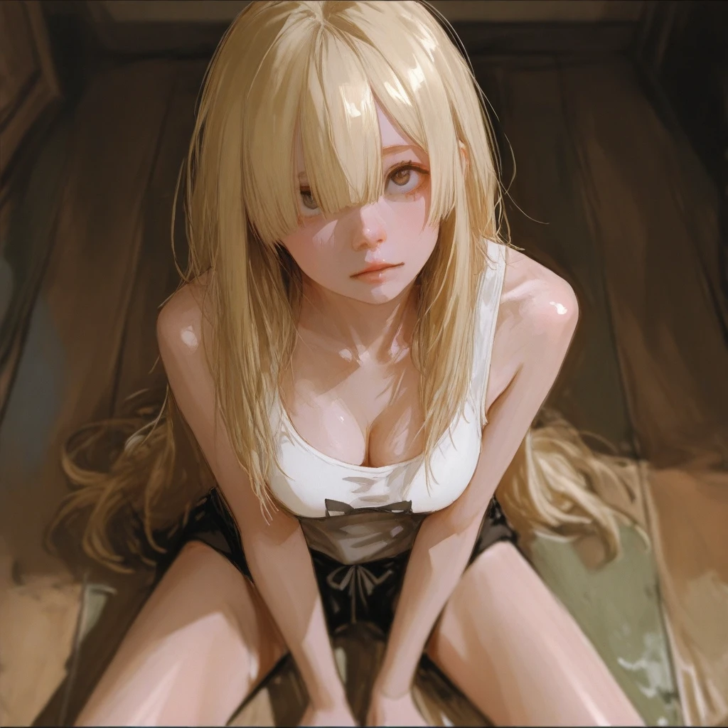 8K, Best Quality, Masterpiece, Ultra High Resolution, (Realism: 1.4), (Realistic Skin Texture: 1.3), 1 beautiful girl, Long platinum hair, Background basemen, chained through a collar on her neck, sitting, sad, small , squatting, hair , hair vulva, peeing, urinating, pissis, clitoriercine piercing, gushingsquirt, squirting, squat toilet