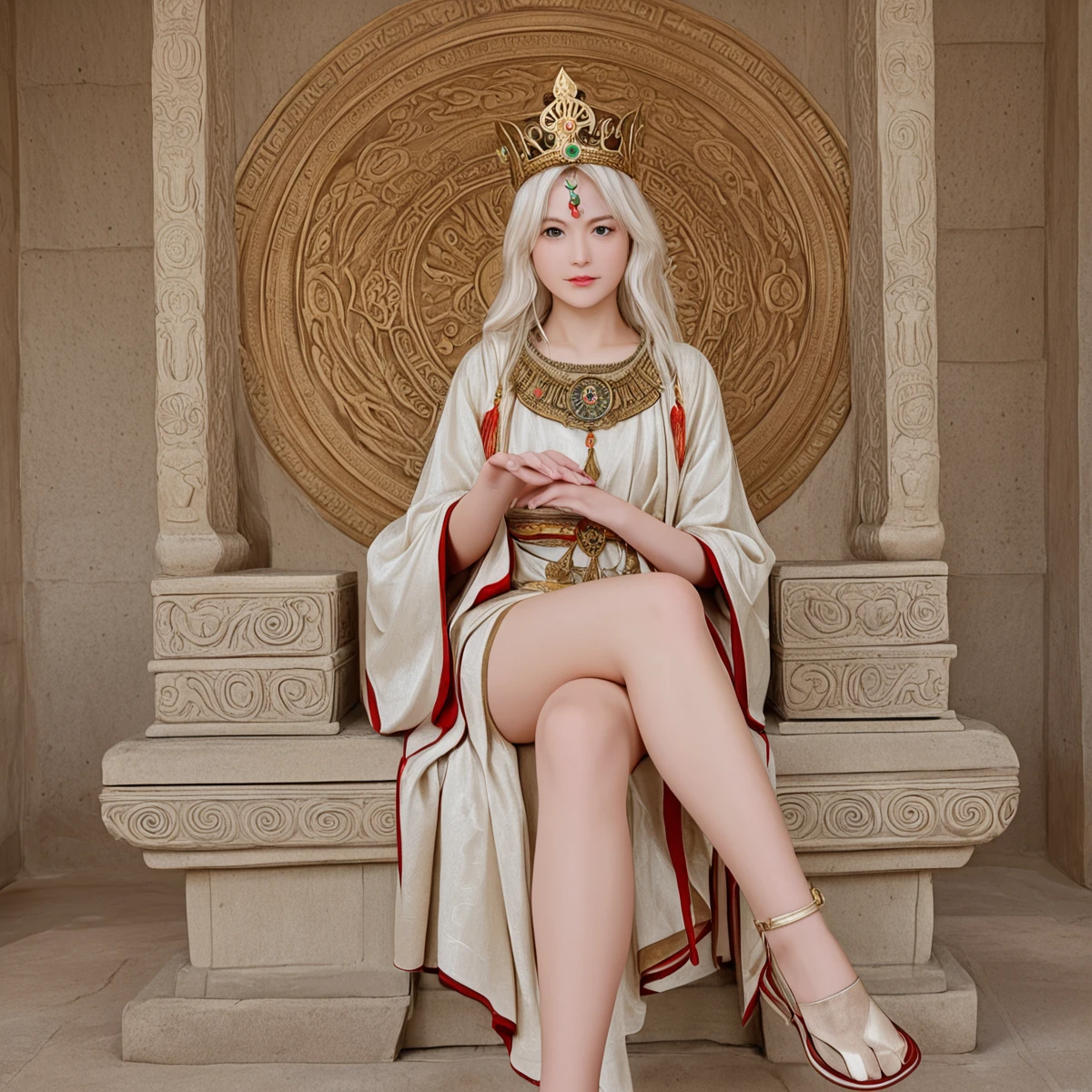 White Hair,Long Hair,Woman sitting on a white snake,Gold crown,Gold blindfold,Holding a sword,Royal Sword,White sword,White sheath,Luxurious sword,Woman surrounded by giant white snakes,Less exposure,high resolution,High resolution