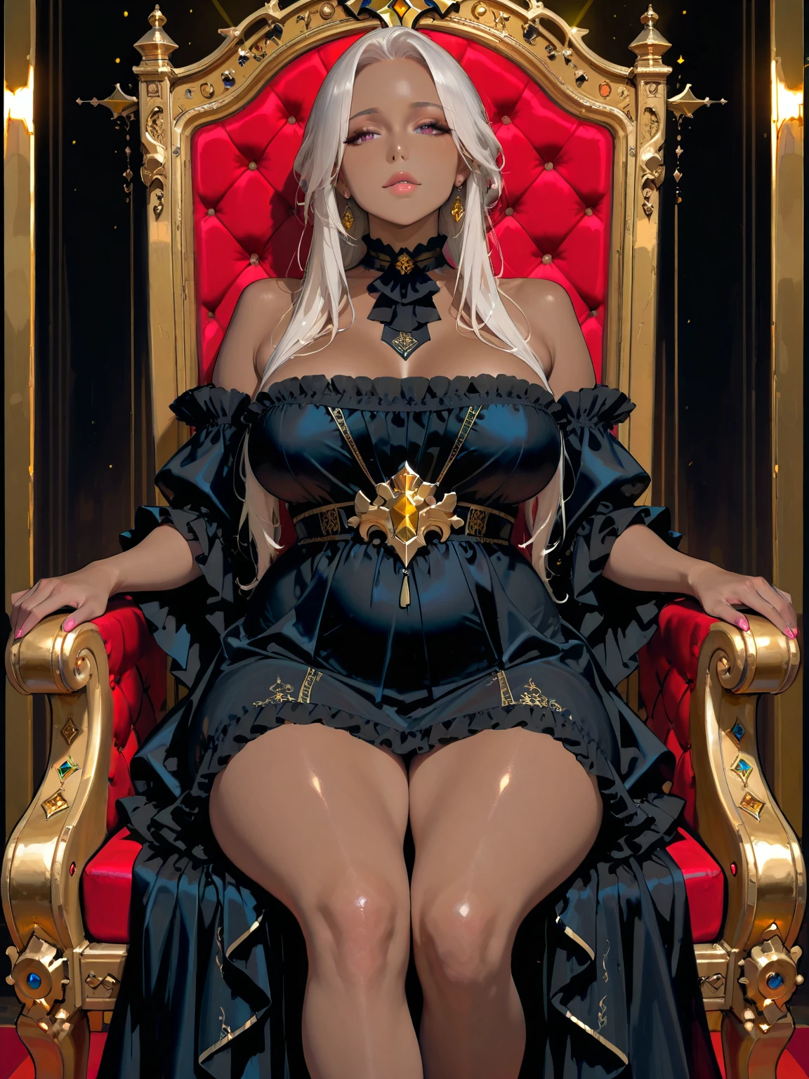 1 girl, blonde with blue eyes, in a black and gold expensive dress, sitting in an expensive chair in his office, one leg crossed over the other, leans on the armrest, crazy smile. medieval fantasy