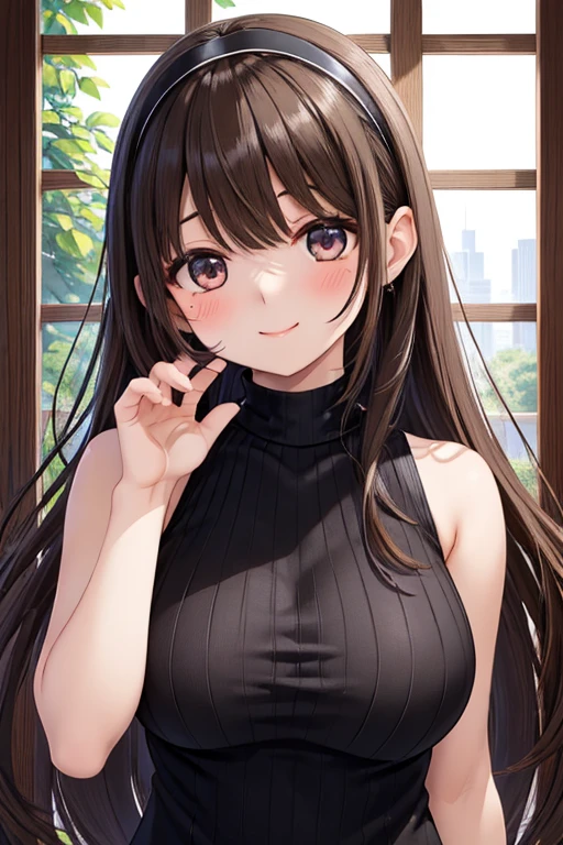 Nene Kasaki々、shiny brown hair, (beautiful brown eyes、sparkling eyes, fine grain)、Smile、Extremely detailed eyes、very detailed face, very detailed eyes,
young woman、Smile、((white horseshoe headband、Straight Long))、blush、((masterpiece、high resolution、16 kg))、((sleeveless black knitted mini dress))、(very close:1.5)、Fountain Square、Forest Park 、(focus on your upper body:1.5)、((Wave your hand))、black hair long hair,big breasts、