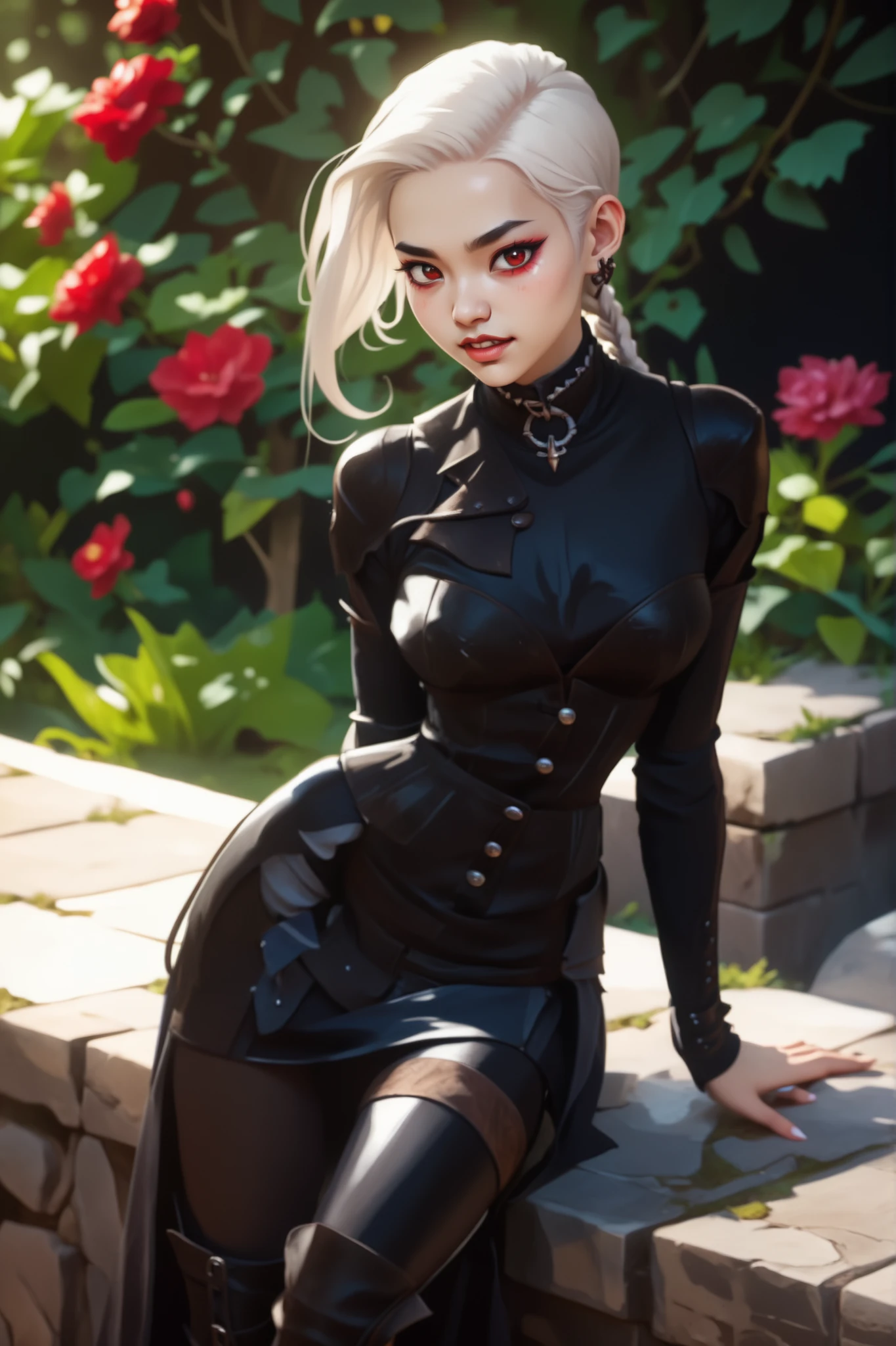 Slender body. White skin. Cute 18-year-old Asian bat-demon girl with Asian red eyes and sharp teeth and dreadlocks with white highlights. She has a cute and beautiful face. She has a round and young face with a pointy chin. Her black body is athletic with abs. She wears medieval an intricate medieval leather clothing with buttons. Background: medieval jungle ruins. Realistic lighting. DnD art-style. Looking at the viewer.