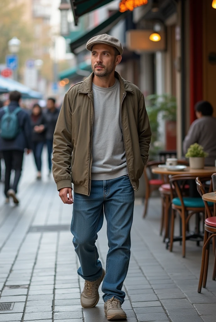 Lisbon, A young ((((39-year-old)) Marcus Logan)), pale englishman, tall, standing in front of a cafe, ((colorful))