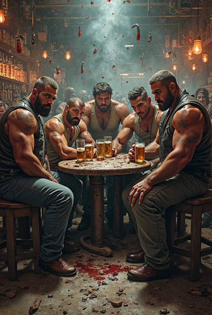Group people, gay aesthetic, 8k, super detail, A portrait full body of group mid age 50 yo heavy truckers love interacting each other bdsm gears, leather collar, harness, medium hair shaved sides, Strong, muscular, hairy big belly bodybuilder, jockstrap showing very hairy pubs groin area, bulge, leather boots, gloves, epic realistic, photo, faded, neutral colors, ((((hdr)))), muted colors, intricate scene, artstation, intricate details, vignette