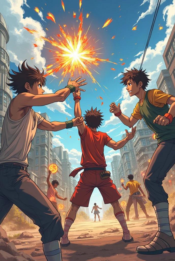 A boy is indulge into a fist fight  villains,top angle,anime action style