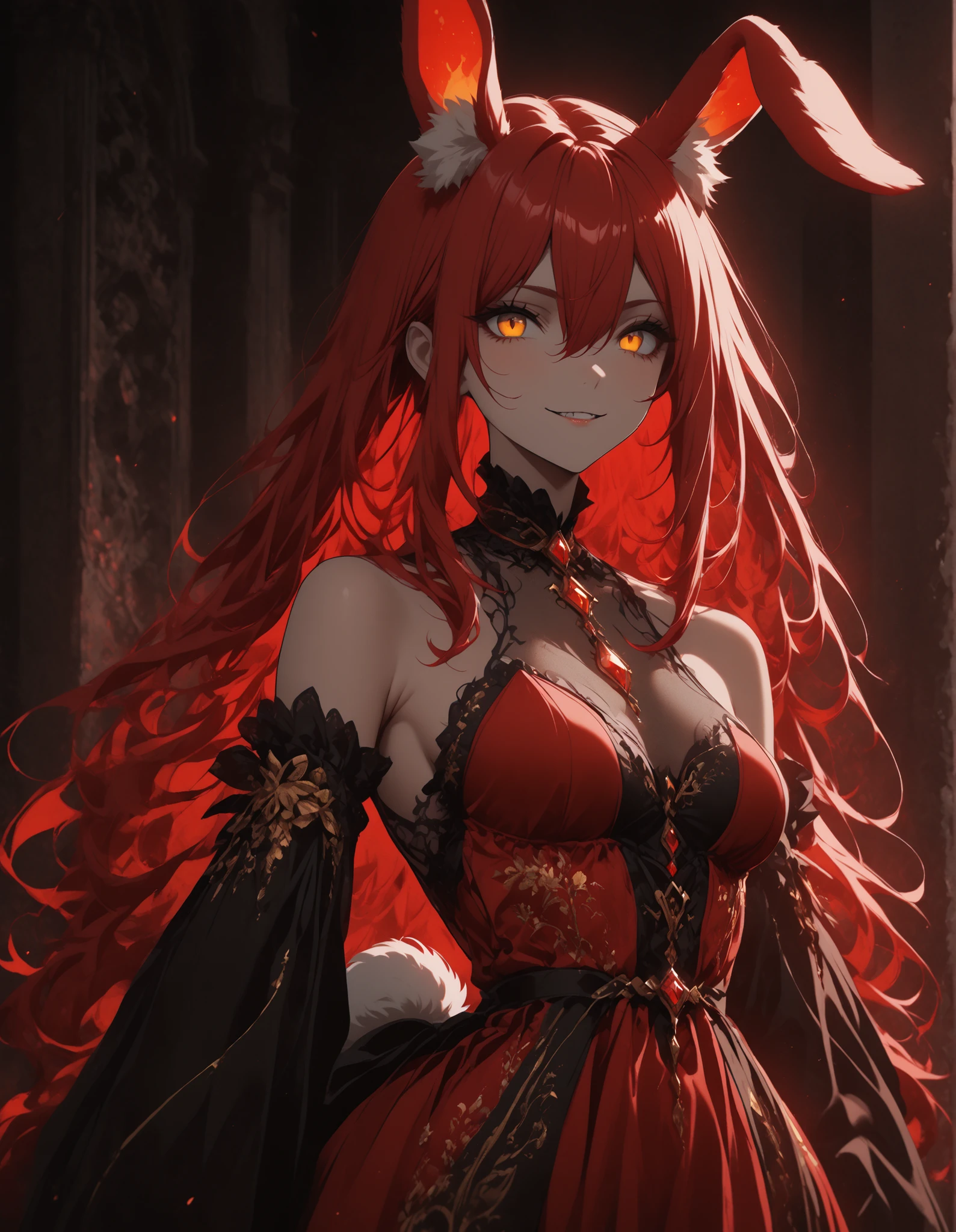 1girl, lynx girl, extremely delicate and seductive girl, long reflecting red hair, lynx ears, fluffy lynx tail, deep red shiny silk dress, jewel adornments glittering like stars, luxurious indoor, dark room only illuminated by her dress, unusual pupils, glowing eyes, magic eyes, cowboy shot, masterpieces, best quality, finely detailed., richly dressed, feline girl, glowify, (unusual pupils), (glowing eyes), (magic eyes)