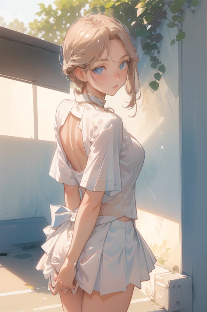 (tmasterpiece), (Best quality at best), (ultra - detailed), A beautiful anime girl standing in a room with flowers and sunshine 1 girl, Alone, nedium breasts, Sam, looking at viewert, a skirt, stocklings, eBlue eyes, Lace white stockings, Large breasts, underdressing, upper legs , sliver long hair, Panties that are not very transparent, White sheer panties, Square cutout at the top of the back, from back, back to look back, Crop top, short- sleeved, The shirt, cow boy shot, white shirt, White dress, mini-skirts, a plant, indoor, pigtails, charming anime girls, Curvy Lolita raises her arms. (realisticlying)), ((Fantastic background)), Surreal, ultra - detailed, hyper HD+16K resolution