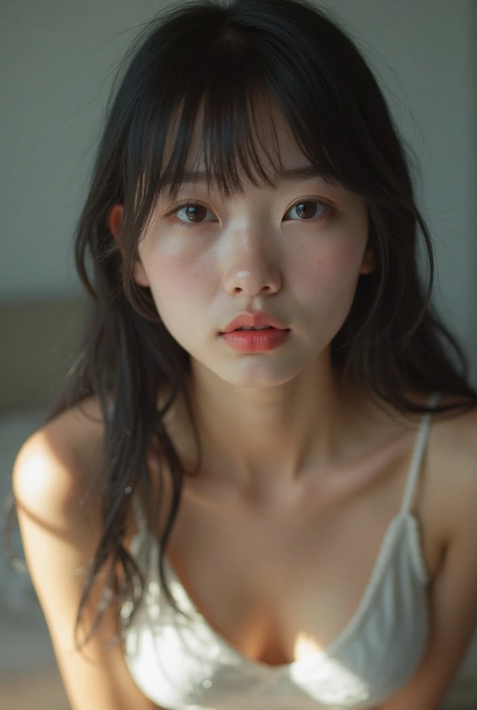 real photograph, (Top image quality, 8K, masterpiece), top-quality, 超A high resolution,Japan Girl, 18 year old, pretty face, multicolored lace bra、kawaii faces, Melancholy look, double eyelid、big breasts: 1.4、girly hairstyle、modern room、Movie Lighting, Photorealsitic, real looking skin, nfsw, 35mm, Shot with Leica,