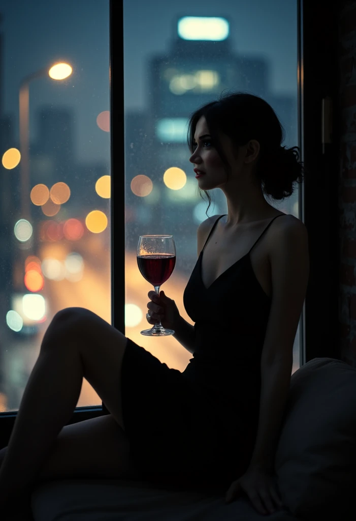 night scene, fancy Balcony, moonlight, silhouette of a woman in nighty holding glass of wine looking out into moonlight.