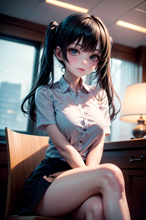 Masterpiece, Best quality,1 girl, Rin Tosaka, Solo, Long hair, Thighs, Mini skirt, Blue eyes, Thighs, Black hair, crouched, Turn up the skirt with both hands, White ribbon panties visible, (Bend your legs while sitting，knee bend)), crouched, Open legs, (skirt up:1.2), NSFW, Shy, Show off, cleavage,