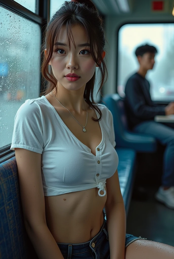 (in 8K、Raw photography、Highest Quality、realisitic、Photorealsitic、Professional Lighting、masterpiece、extremely delicate and beautiful、Highly detailed、finely detail、ultra-detailliert、hight resolution、full-shot)、Several men were huddled on the train、1girl in、One woman in white camisole、Beautiful face:1.5、slim proportions、small tits:2、small tits、Young man in suit、Hug her from behind:1.5、Other young men flipping white camisole、Draw in clear detail whose hand it is、((( are visible)))、(((The nipple is visible)))、Eyes open:3、moaning in pain、feeling in pain、auw、Following the pain、moaning in pain、Pain in the face frowning、I'm looking at you、On the train、Female office worker、(((White camisole and jeans)))、