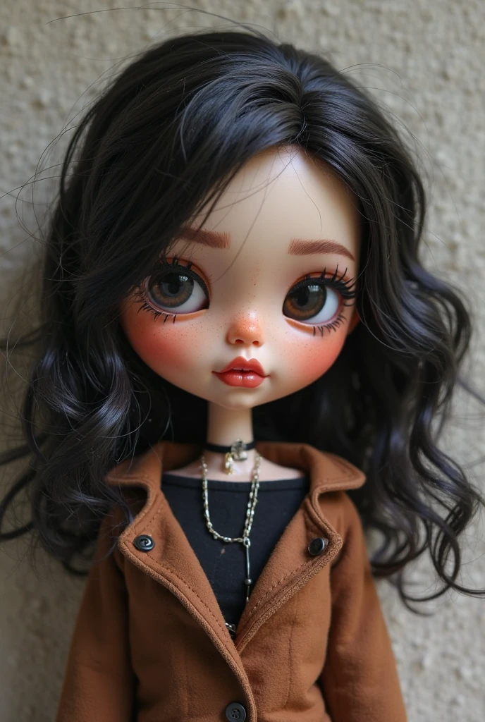 Blythe doll Wavy hair, brown eyes, mole on right eye, light brown skin no hair on forehead with a cat in hand