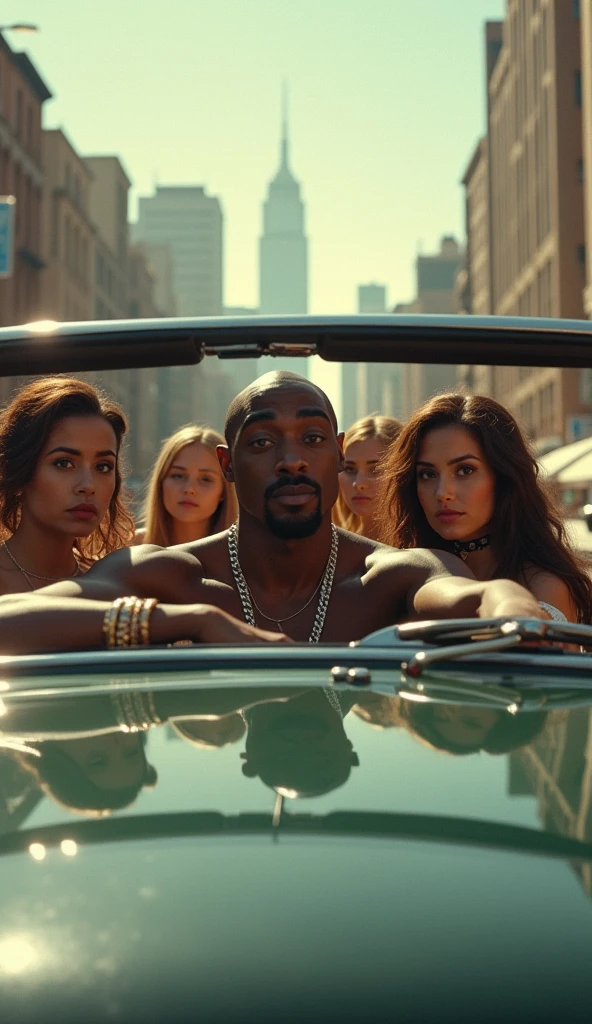 photography, handsome african male perfection, strong jawline, full lips, Roman nose, no hair, brown eyes, hyper realistic, 8k --v 4 He is sitting on a beautiful sports car, and there are several very sexy women approaching him! They are wearing very short clothes and have perfect bodies, with the image quality being extremely realistic in 4K and 8K resolution