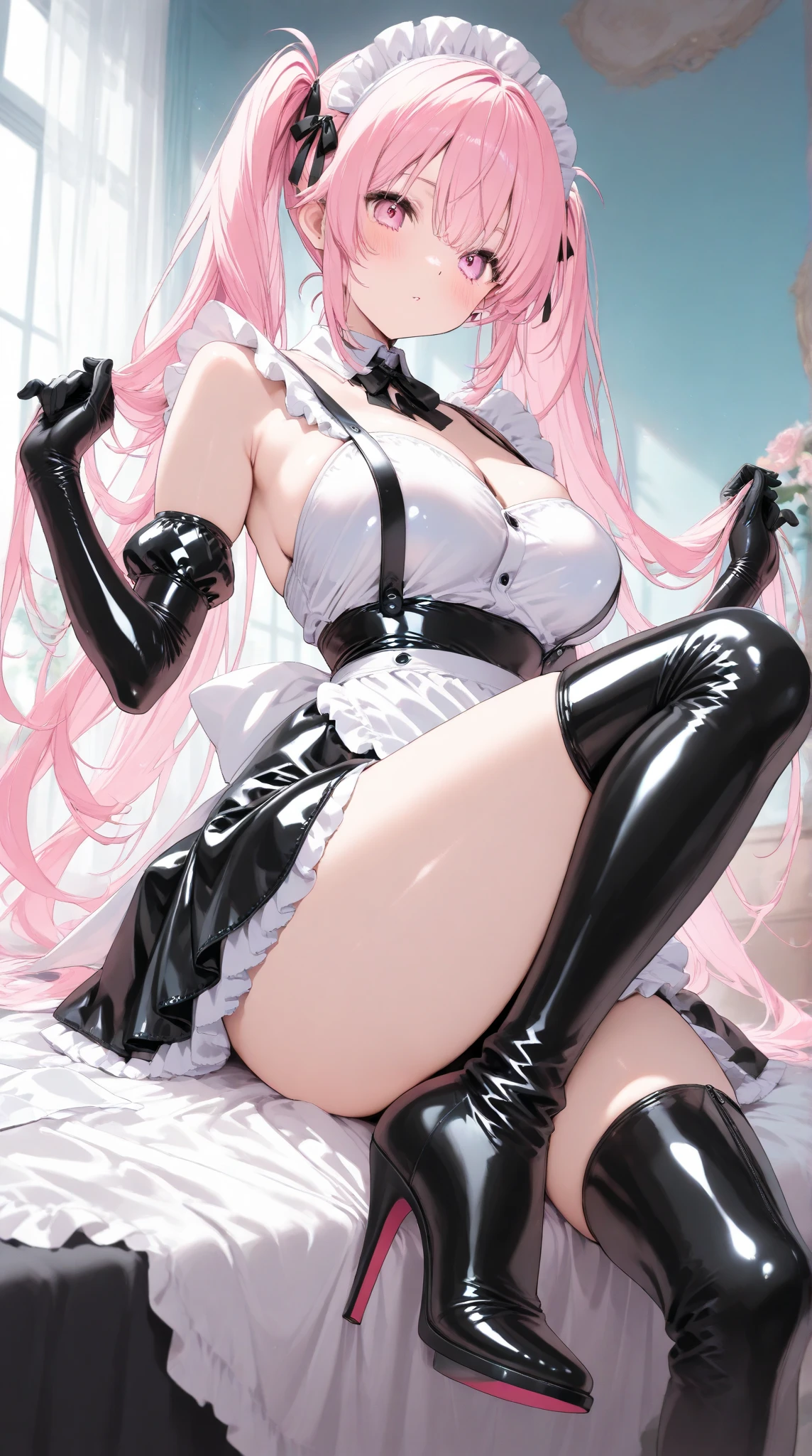 1girl, solo, long hair, breasts, skirt, large breasts, thighhighs, cleavage, twintails, green eyes, pink hair, lying, wings, collar, chain, dakimakura \(medium\)