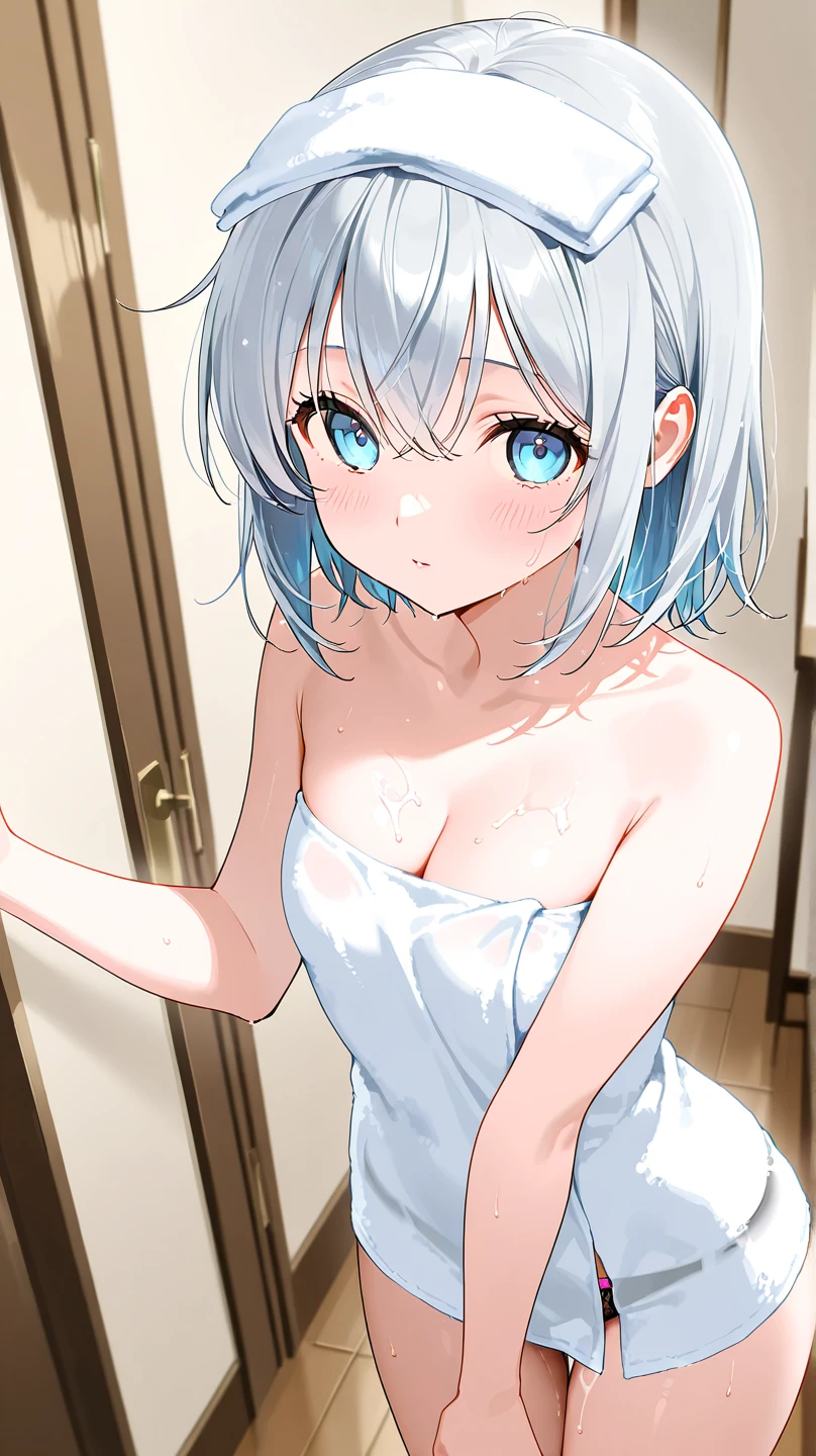I'm shy、silver hair、short hair、medium breasts、 best quality、After taking a bath、In bath towel、pale blue eyes、
