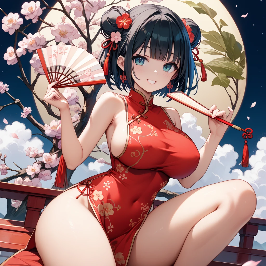 High quality, Masterpiece, 8K, A woman poses in front of flowers, Masterpiece, Detailed, High quality, absurderes, rare, 1girll, Solo, Lips, Large breasts, Curvy, Wide hips, BREAK japanese clothes, red kimono, Short kimono, Open clothes, choker necklace, cleavage, sash, Obi, Wide sleeves, huge tit, Crazy swollen breasts, Buttock augmentation, Cocked buttocks, Fitness model, A smile