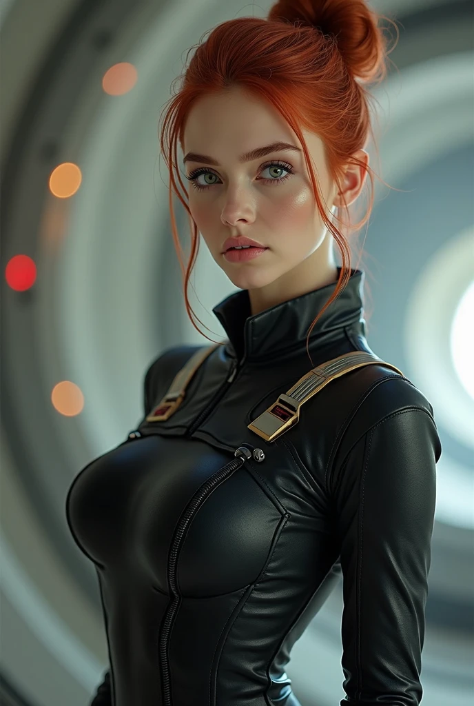 (best quality,4k,ultra-detailed,realistic), lean fit girl standing ,ginger woman, redhead:1.2, ginger:1.2,space,futuristic blueish silver space suit,cute face,blue eyes,detailed eyes,sci-fi,dystopian, huge breasts:1.1, round breasts:1.1, perfect image, photorealistic, sexy, seducing:1.2, inviting:1.2, naughty:1.2