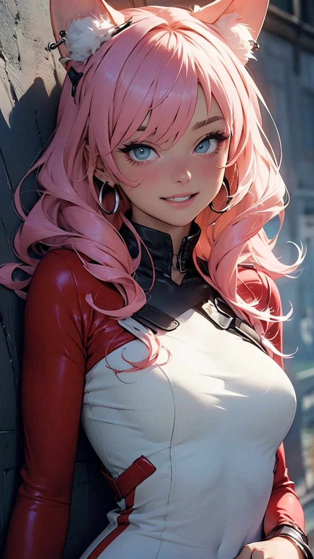 (high resolution, upper body, soft skin:1.2),(best illustration,masterpiece:1.2),ultra-detailed,[(cat ears ,pink inside:1.2),vivid colors,sharp focus,portrait,studio lighting,bokeh, wearing a anime shirt, pink leather jacket, pink latex mini shorts, smiling, rock concert background