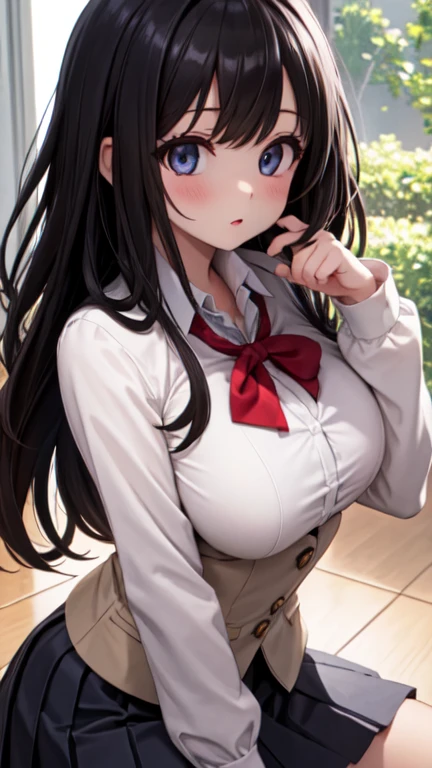 ((masterpiece, best quality, highres, UHD, perfect pixel, depth of field)), (smooth CG, photorealistic:1.1, realistic texture, detailed face), Rio, 1girl, large breasts, seductive, busty, smile, black hair, long hair, blunt bangs, (red eyes, beautiful pupils), (school uniform, cardigan, red bowtie, plaid skirt, tight skirt, miniskirt,black jacket, open jacket), street view, dynamic pose, from below, pov, look at viewer, blushing, sitting, (wide hips), cleavage