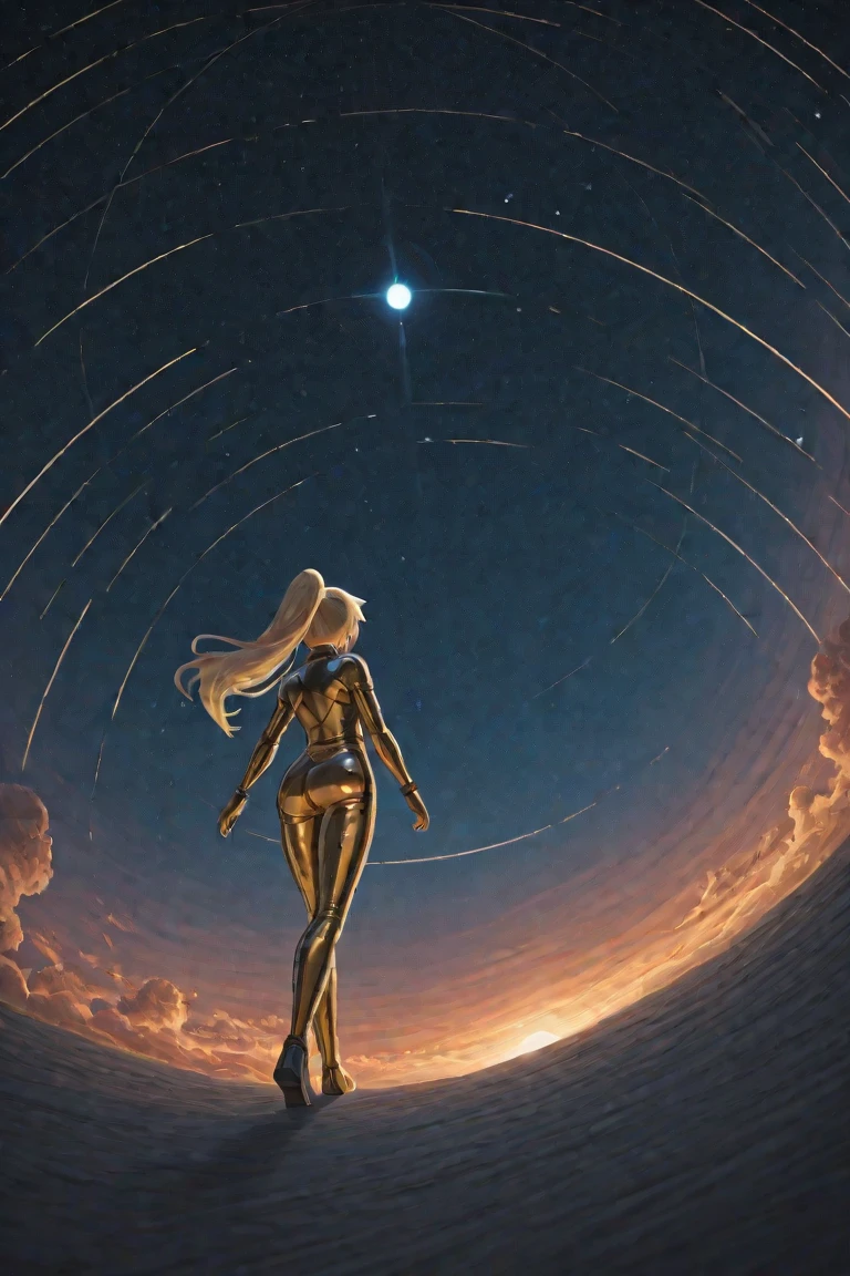 At the top of the mountain and on the edge of the cliff, a muscular blonde woman, with huge ass, wearing spacesuit, Beautiful feet, showing full body. Under the cliff, Four spaceships slowly emerge from the ruins of a desolate city built in the desert, Going to the stars。, cinematic lighting, Glow Up, anáglifo, optical illusion, From above, atmospheric perspective, ultra HD
