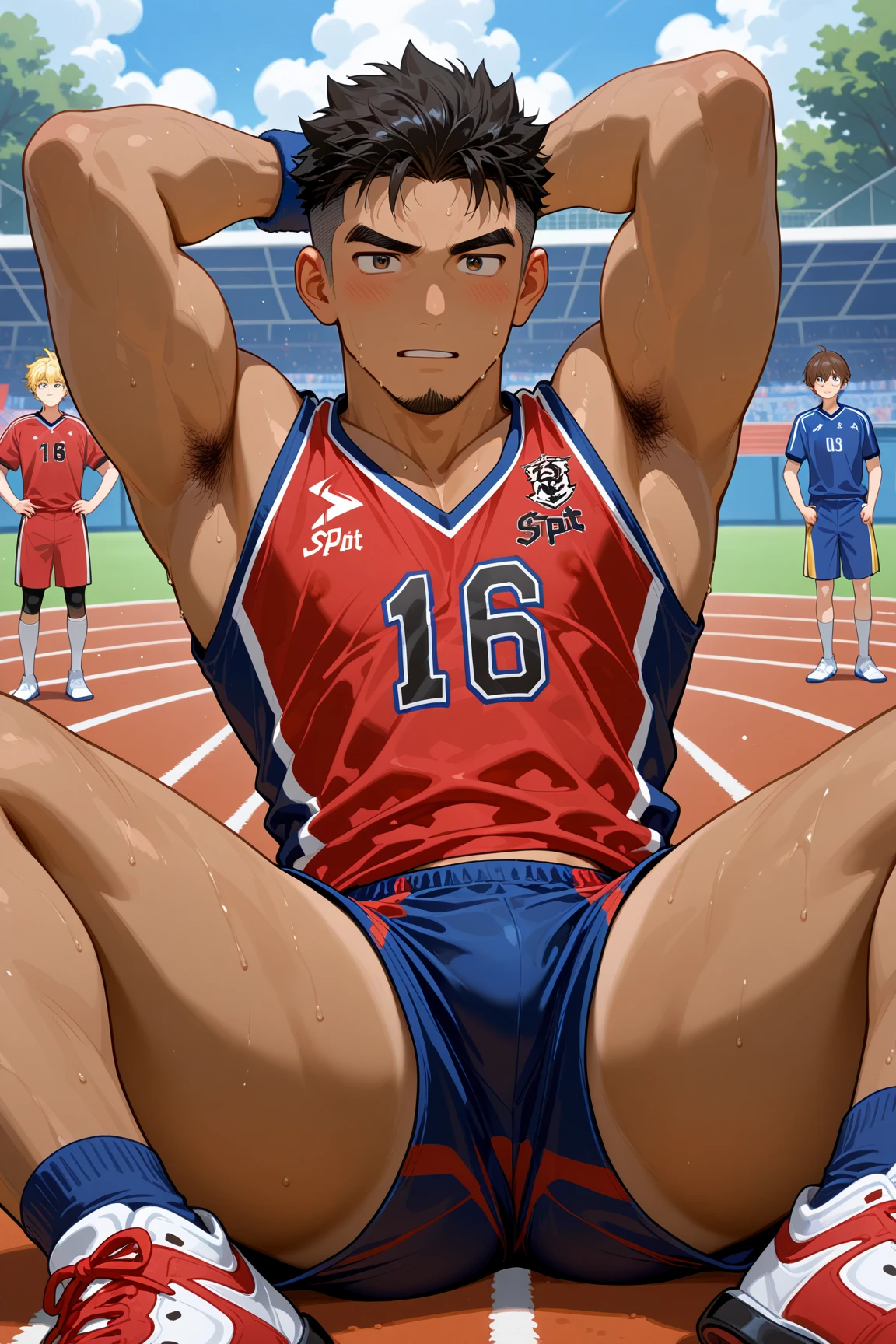 top-quality、masterpiece、超A high resolution、(realisitic:1.4)、Detailed face、solo、1human male、The upper part of the body、Dark hair、glistning skin、dense skin、(asian human)、architectural、(absurderes、hight resolution、Ultra-detail)、、1 male、Adults、(20-year-old man)、a handsome、tall muscular man、broad shoulder、extra very short hair、angular jaws、thick neck、thick eyebrow、extra very short hair、A darK-haired、fine eyes and detailed face、 Highly detailed CG Unity 8K wallpapers、intricate-detail、(Style Swirl Magic:0.7)、looking at the spectator、solo、(full body Esbian:0.6)、Detailed background、A detailed face、dynamicposes、、Urban background、dynamic compositions、 big muscle、、((((Crotch bulge))))、a handsome、 ((masutepiece:1.4, Best Quality)), ((masutepiece, Best Quality)), (photographrealistic:1.4)、(((Basketball player)))、sports wear、Two undressed men hugging each other on basketball court、musculature、(masterpiece、top-quality)、2male、shorth hair、Brown-eyed、with an intricate、full body Esbian、bright colour、(depth of fields:1.2)、(abdominals)、red blush、looking at the spectator、Spread your legs、Wearing sneakers、Wearing black panties、(((Japan though))),Basketball court、Red bib、bib、Running、dribbling、Large crowd、run
