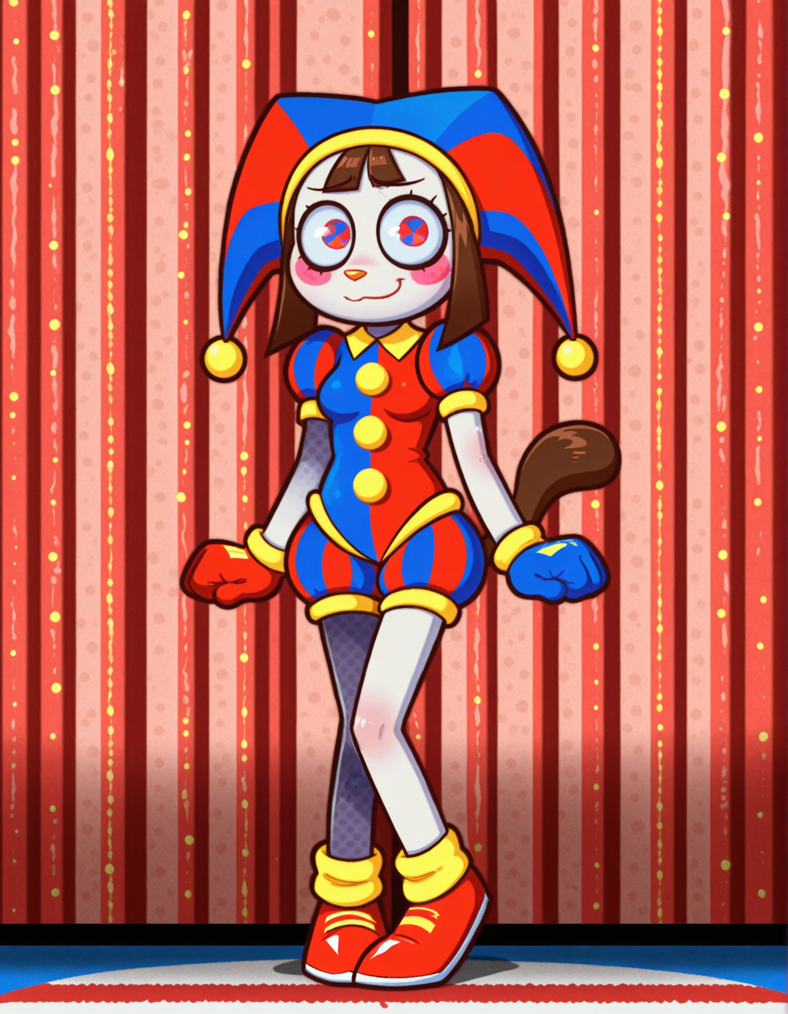 looks at the viewer, blush, ahegao face, mischievous expression, sexy, Drool, half-open eyes, (Sweat), cum on tongue, big breasts, open mouth, tongue hanging out, this girl's mouth is sucking, drool flowing from her mouth, smiling, The Best quality, Perfect anatomy, 5 fingers, Physically based rendering, Remember standing exactly next to the Christmas tree in a room with a window, there is snow outside the window, tight New Year's red playboy dress, Pomni







